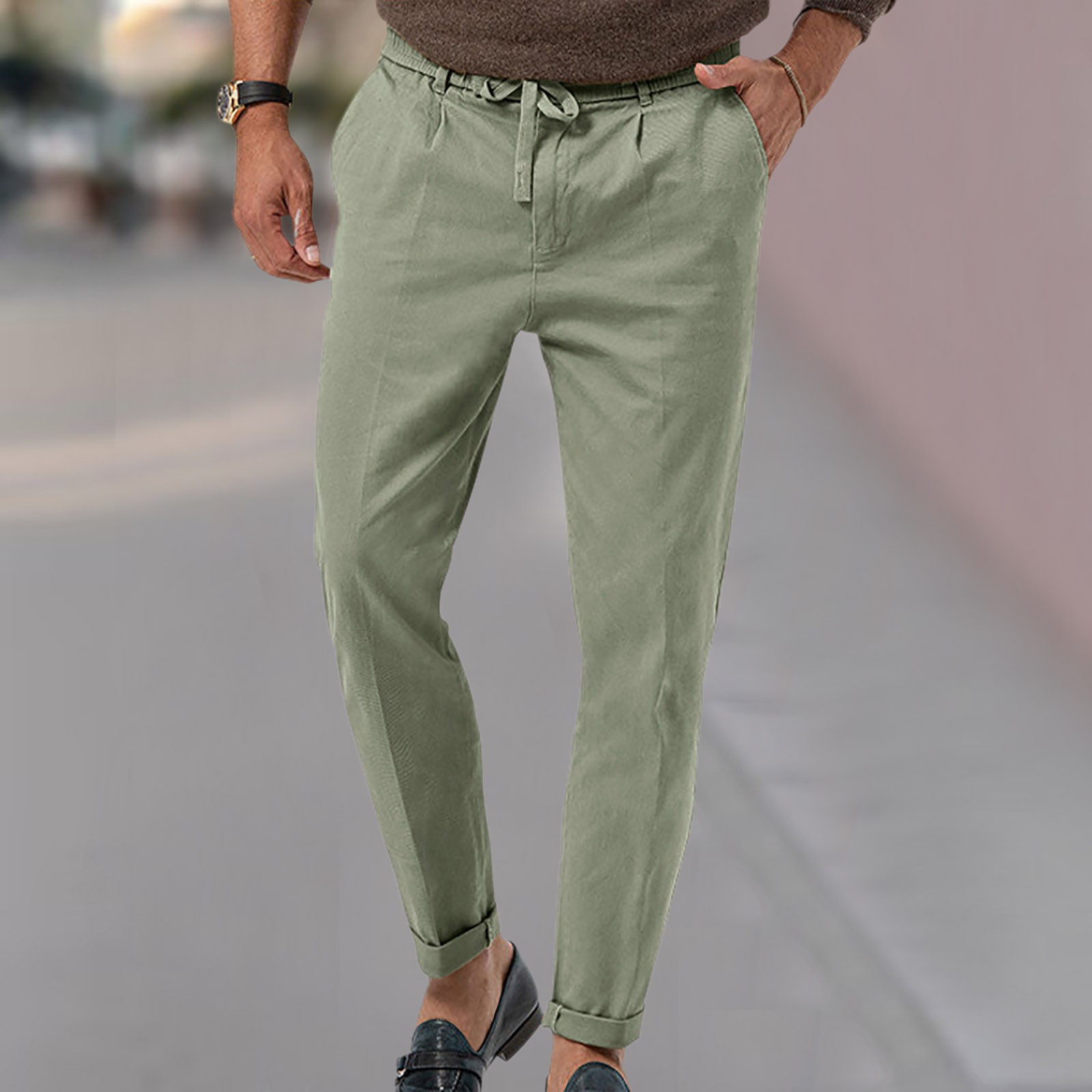 thumbnail image 2 of Pantalones de vestir rectos con cintura elástica y color liso para hombre: corte holgado, cordón, lavables a máquina, cómodos pantalones de estilo europeo., 2 of 5